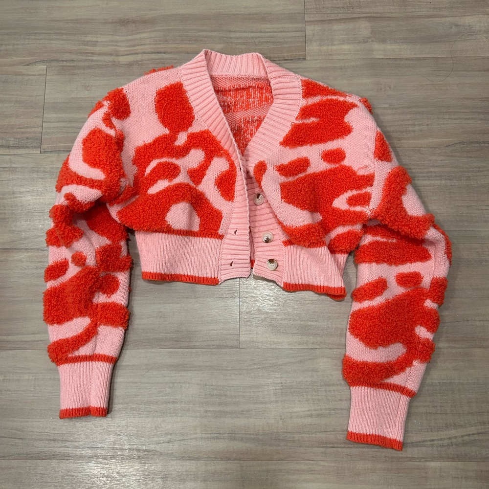 Pink & Red Patterned Cropped Cardigan